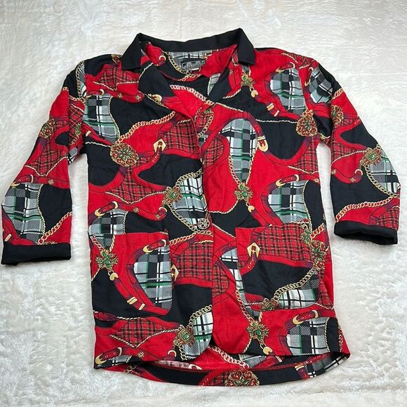 Chauncey Street Tops - Chauncey Street Women's Casino Blouse Red Black Gold Chain Belt Print Size 12